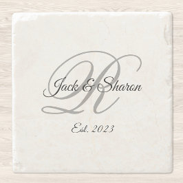 Posavasos De Piedra Monograma con letra script elegante en negro y gri