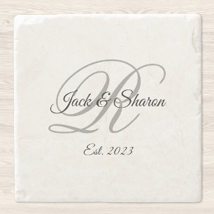 Posavasos De Piedra Monograma con letra script elegante en negro y gri