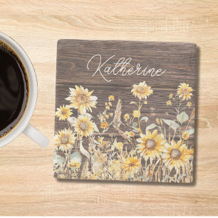Posavasos De Piedra Monograma de Acuarela Campo de Girasoles Amarillos