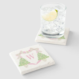 Posavasos De Piedra Monograma de árbol de navidad rosa acuarela