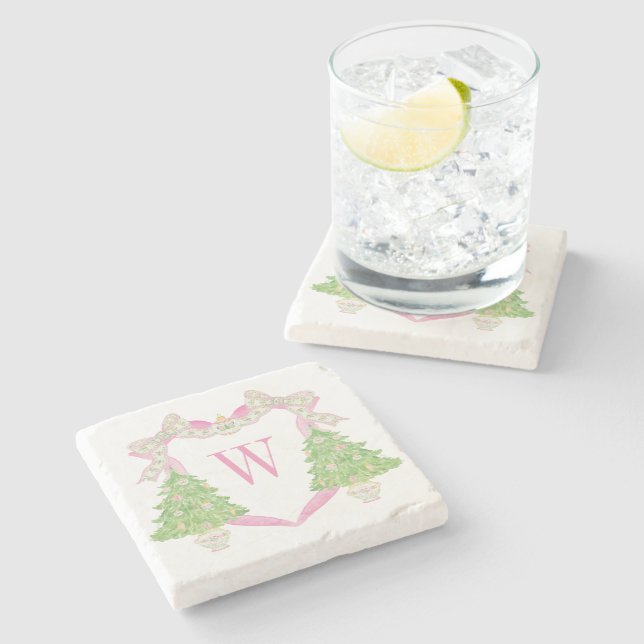 Posavasos De Piedra Monograma de árbol de navidad rosa acuarela (Lateral)