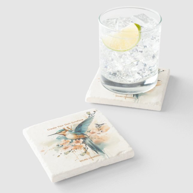 Posavasos De Piedra Monograma de ave húmeda elegante con nombre (Lateral)