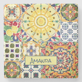 Posavasos De Piedra Monograma de azulejos naranja geométricos mediterr