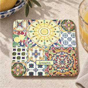 Posavasos De Piedra Monograma de baldosas geométricas mediterráneas na