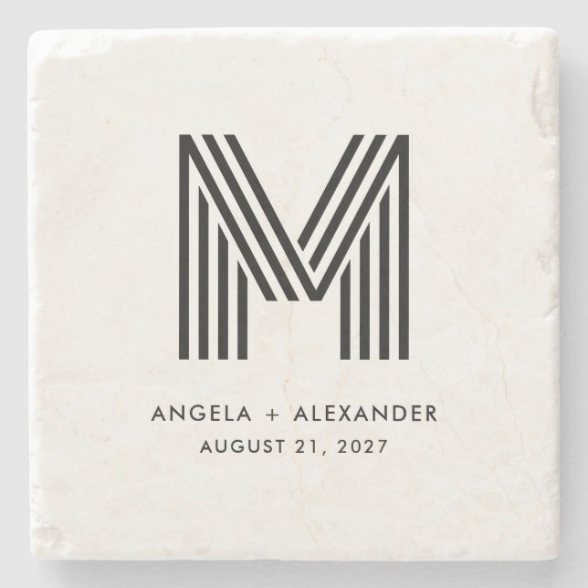 Posavasos De Piedra Monograma de Boda retro-geométrico Art Deco (Anverso)