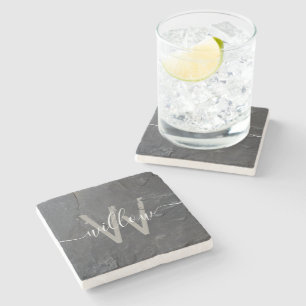 Posavasos De Piedra Monograma de escritura de piedra gris de carbón ve