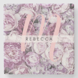 Posavasos De Piedra Monograma de escritura floral Peony Pink Roses
