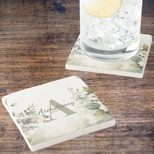 Posavasos De Piedra Monograma de flores silvestres blancas elegantes y (Subido por el creador)