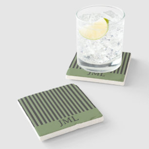 Posavasos De Piedra Monograma de franjas verde oscuro y negro de estil