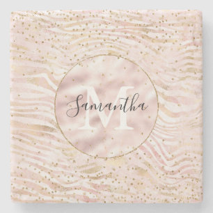 Posavasos De Piedra Monograma de Glitz de impresión de zebra dorada Ru