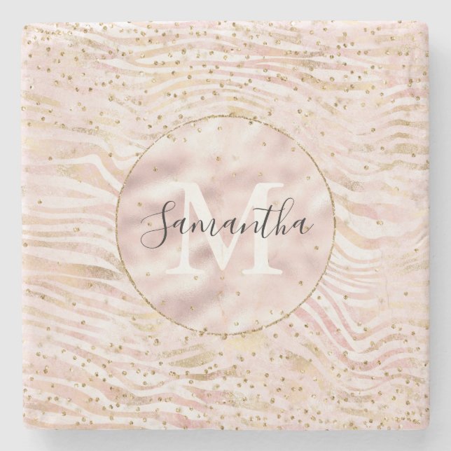 Posavasos De Piedra Monograma de Glitz de impresión de zebra dorada Ru (Anverso)