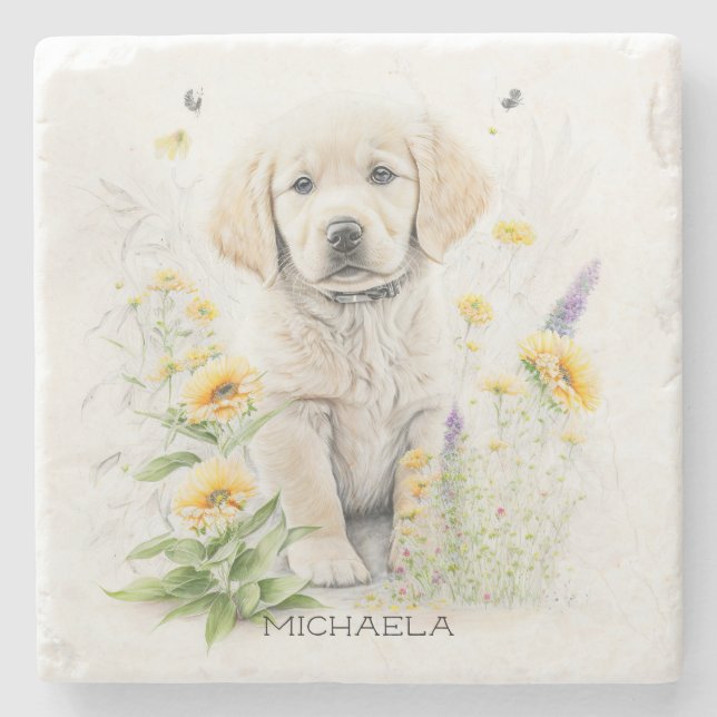 Posavasos De Piedra Monograma de Golden Retriever Puppy y Florines (Anverso)