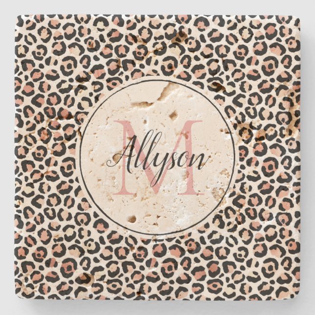 Posavasos De Piedra Monograma de impresión de leopardo negro rosado de (Anverso)