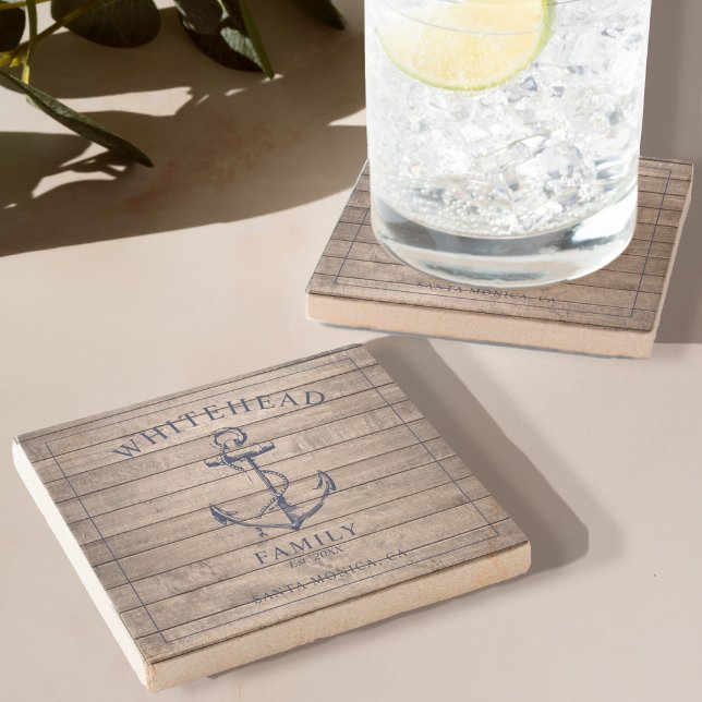 Posavasos De Piedra Monograma de la familia de anclajes de madera náut (Elevate your dining experience with our Stone Coaster with Rustic Wood Anchor Design)