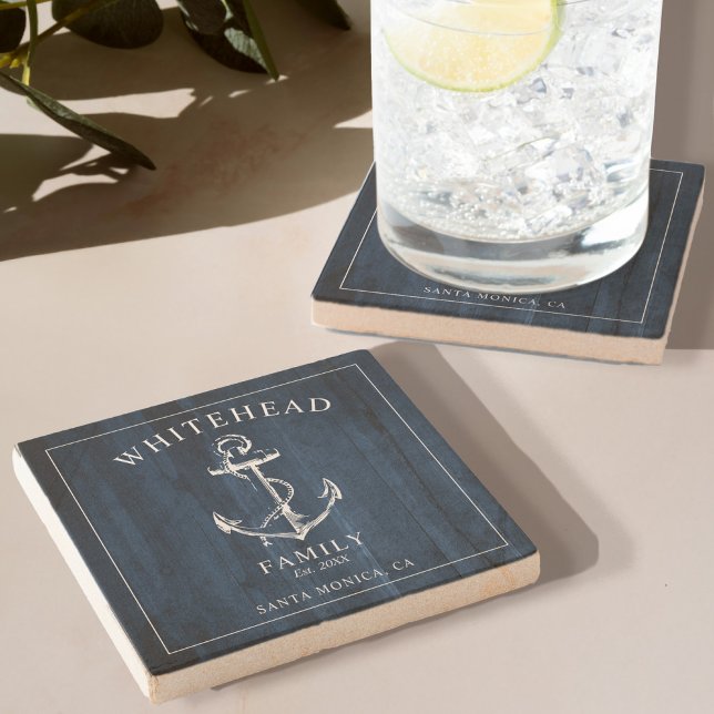 Posavasos De Piedra Monograma de la familia de los Anclajes de Madera  (Elevate your dining experience with our Stone Coaster with Rustic Wood Design with Anchor)