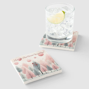 Posavasos De Piedra Monograma de la selva de invierno rosa minimalista
