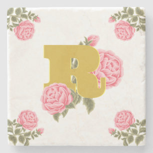 Posavasos De Piedra Monograma de Letra Inicial Rosa Floral Nombre de P