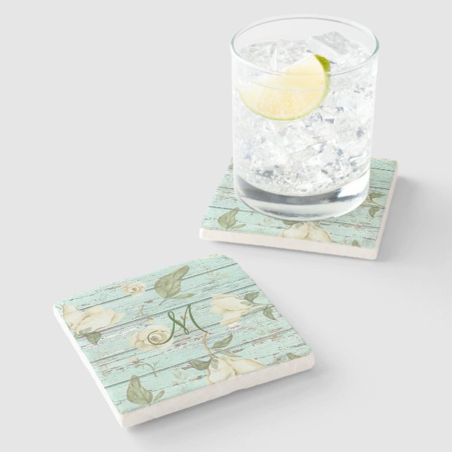 Posavasos De Piedra Monograma de Madera Verde con Magnolias (Lateral)