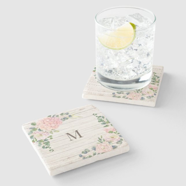 Posavasos De Piedra Monograma de maderas mayores Hidrangea y Eucalipto (Lateral)