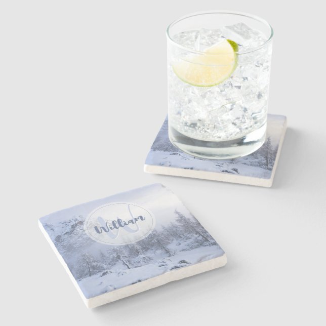 Posavasos De Piedra Monograma de niebla del bosque de abeto de inviern (Lateral)