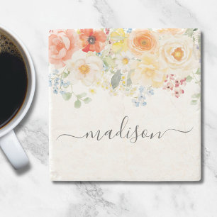 Posavasos De Piedra Monograma de nombre personalizado acuarela floral 