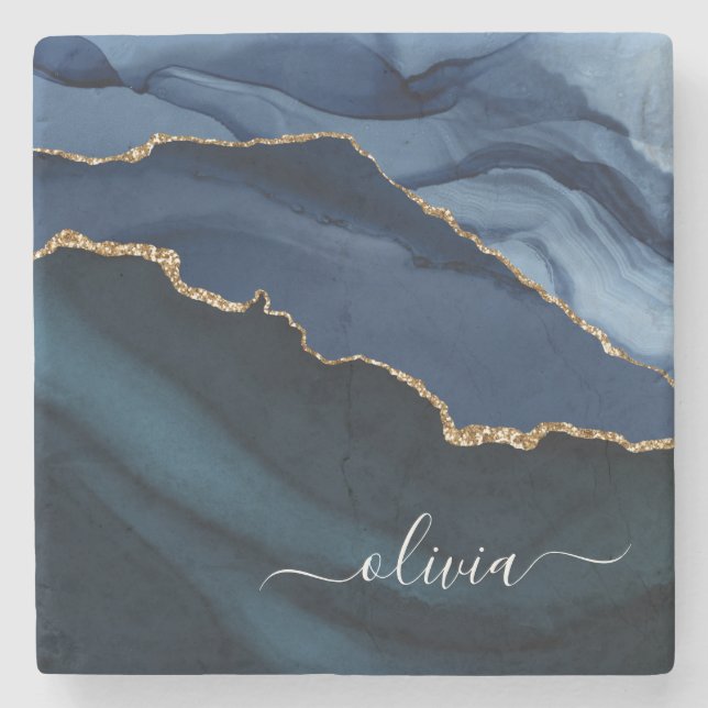 Posavasos De Piedra Monograma de oro de Geode Blue Agate de Marina (Anverso)