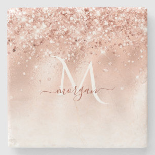 Posavasos De Piedra Monograma de oro de Rosa Peach purpurina