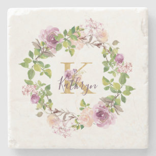 Posavasos De Piedra Monograma de oro moderno K Corona floral de acuare