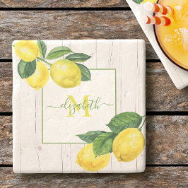 Posavasos De Piedra Monograma de país limones acuarela en madera rústi