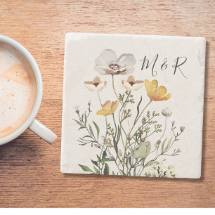 Posavasos De Piedra Monograma de Pareja Personalizado de Flor Silvestr
