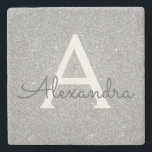 Posavasos De Piedra Monograma de Purpurina plateado y espuma<br><div class="desc">Purpurina Faux Plata y Piedra Sparkle Elegant Tile. Estos mosaicos de piedra se pueden personalizar para incluir tu nombre inicial y de pila.</div>
