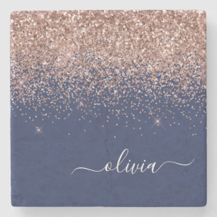 Posavasos De Piedra Monograma de Purpurina rosa Rubor Rosa azul de la