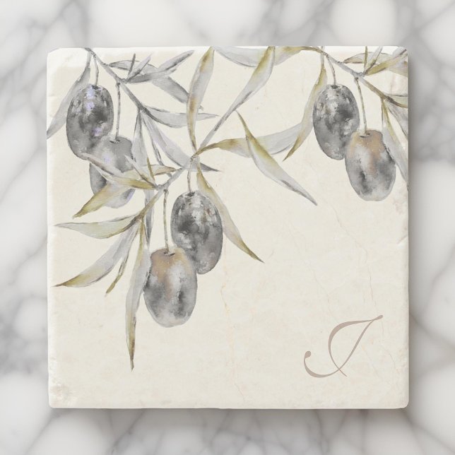 Posavasos De Piedra Monograma de rama de oliva de acuarela rusa (Subido por el creador)