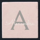 Posavasos De Piedra Monograma de Rubor Gris rosa moderno con guión de<br><div class="desc">Mosaico de piedra con el nombre de monograma Rubor Pink and Grey Simple Script. Esto hace que la graduación perfecta, dulce cumpleaños de 16 años, boda, ducha de novia, aniversario, ducha de bebé o fiesta de soltera sea un regalo para alguien que ama el lujo glam y los estilos de...</div>