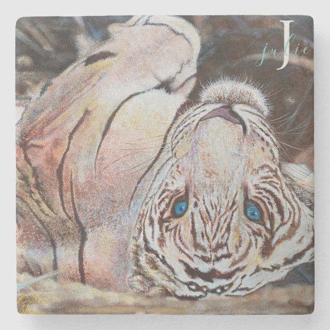 Posavasos De Piedra Monograma de tigre blanco acrílico colorido (Anverso)