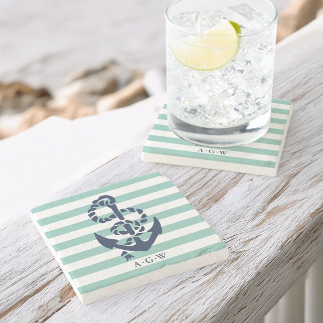 Posavasos De Piedra Monograma de tira de menta náutica y anclaje naval (Subido por el creador)