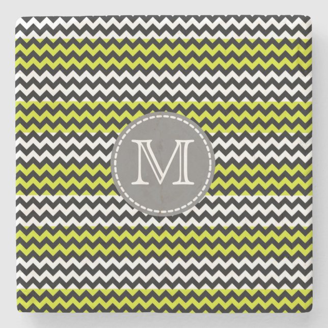 Posavasos De Piedra Monograma de zigzag verde negro (Anverso)