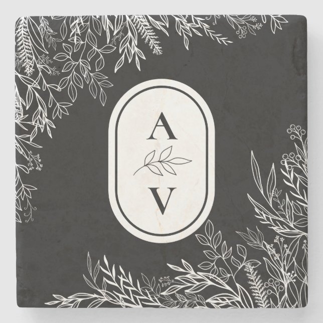 Posavasos De Piedra Monograma del Boda de verde blanco y negro (Anverso)