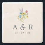 Posavasos De Piedra Monograma del Boda Rustic Wildflowers<br><div class="desc">Astras rústicas de piedra boda,  con un ramo de flores silvestres acuáticas con flores azules,  amarillas,  violetas y rosas,  y tus iniciales y fecha boda. Perfecto para un regalo de boda o como favores matrimoniales</div>