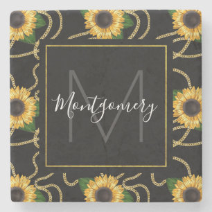 Posavasos De Piedra Monograma del patrón elegante amarillo girasol ama