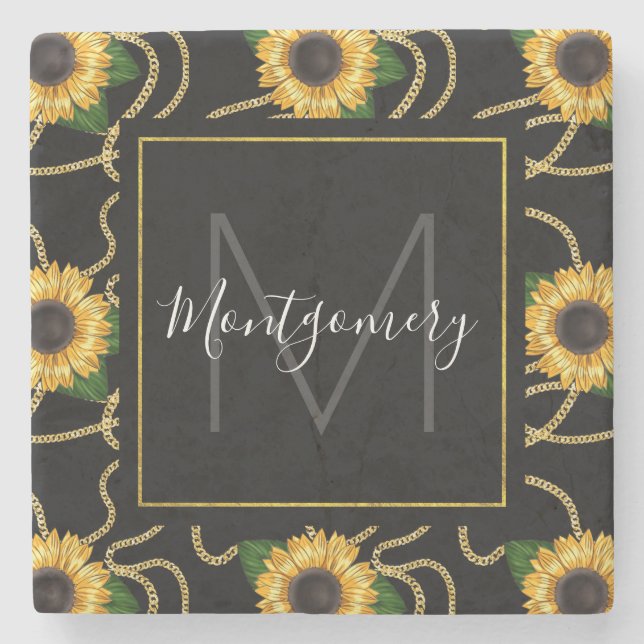 Posavasos De Piedra Monograma del patrón elegante amarillo girasol ama (Anverso)