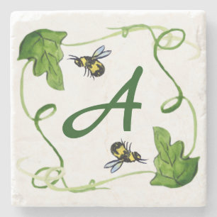 Posavasos De Piedra Monograma del Personalizado de la hoja verde de la
