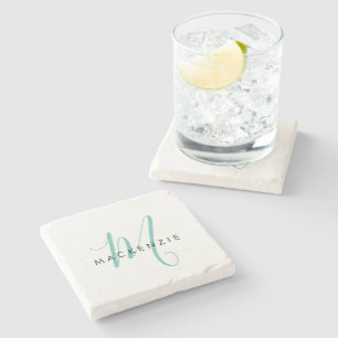 Posavasos De Piedra Monograma elegante de escritura Verde azulada blan