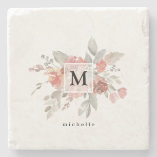 Posavasos De Piedra Monograma elegante de flores grisáceas rosadas