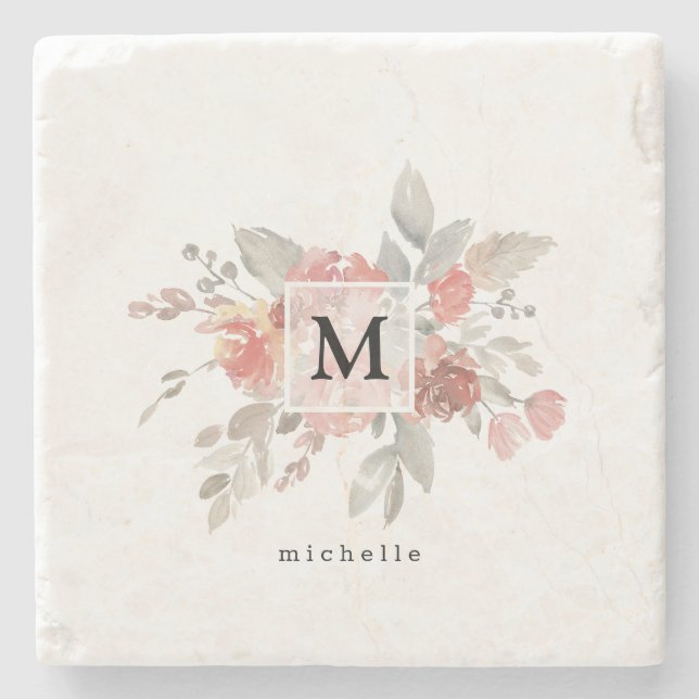 Posavasos De Piedra Monograma elegante de flores grisáceas rosadas (Anverso)