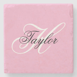 Posavasos De Piedra Monograma Elegante en Rosa Blanco y Negro