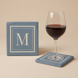 Posavasos De Piedra Monograma enmarcado personalizado azul y vainilla