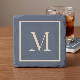 Posavasos De Piedra Monograma enmarcado personalizado azul y vainilla