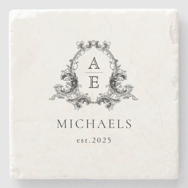 Posavasos De Piedra Monograma Escudo  de Personalizado de lujo clásico (Anverso)