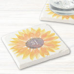 Posavasos De Piedra Monograma Floral<br><div class="desc">Esta exclusiva montaña rusa de piedra está decorada con un girasol color agua amarillo y una tipografía elegante. Personalizable fácil. Acuarela original © Michele Davies.</div>